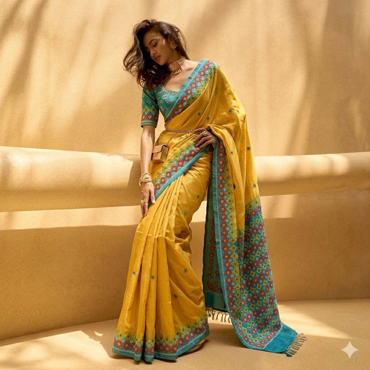 Yellow Tussar Silk Gujarati Stitch Saree -Handloom Sarees- Aananda Collections