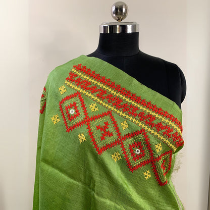 Yellow Tussar Silk Saree – Hand Embroidered Gujrati Stitch -Handloom Sarees- Aananda Collections