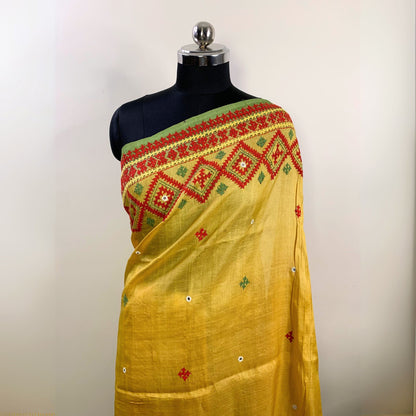 Yellow Tussar Silk Saree – Hand Embroidered Gujrati Stitch -Handloom Sarees- Aananda Collections