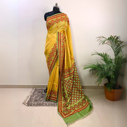 Yellow Tussar Silk Saree – Hand Embroidered Gujrati Stitch -Handloom Sarees- Aananda Collections