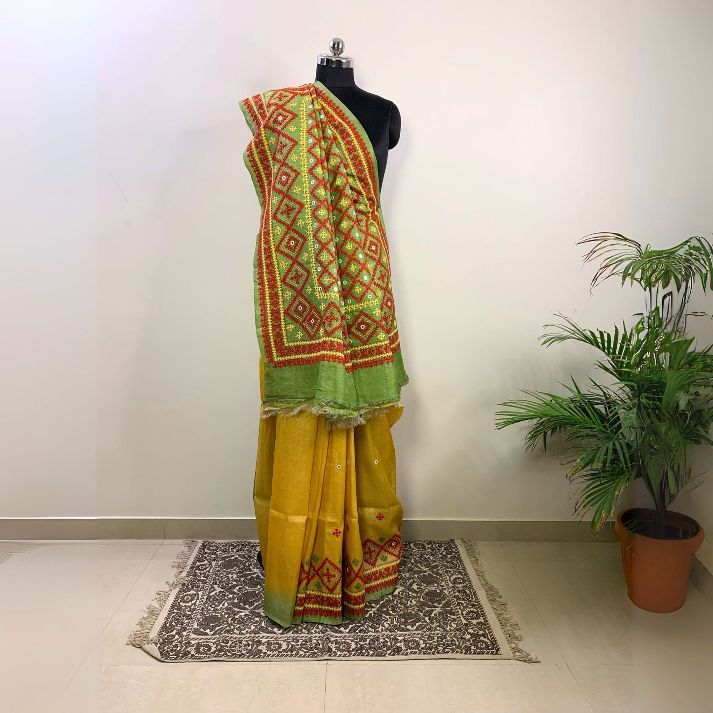 Yellow Tussar Silk Saree – Hand Embroidered Gujrati Stitch -Handloom Sarees- Aananda Collections