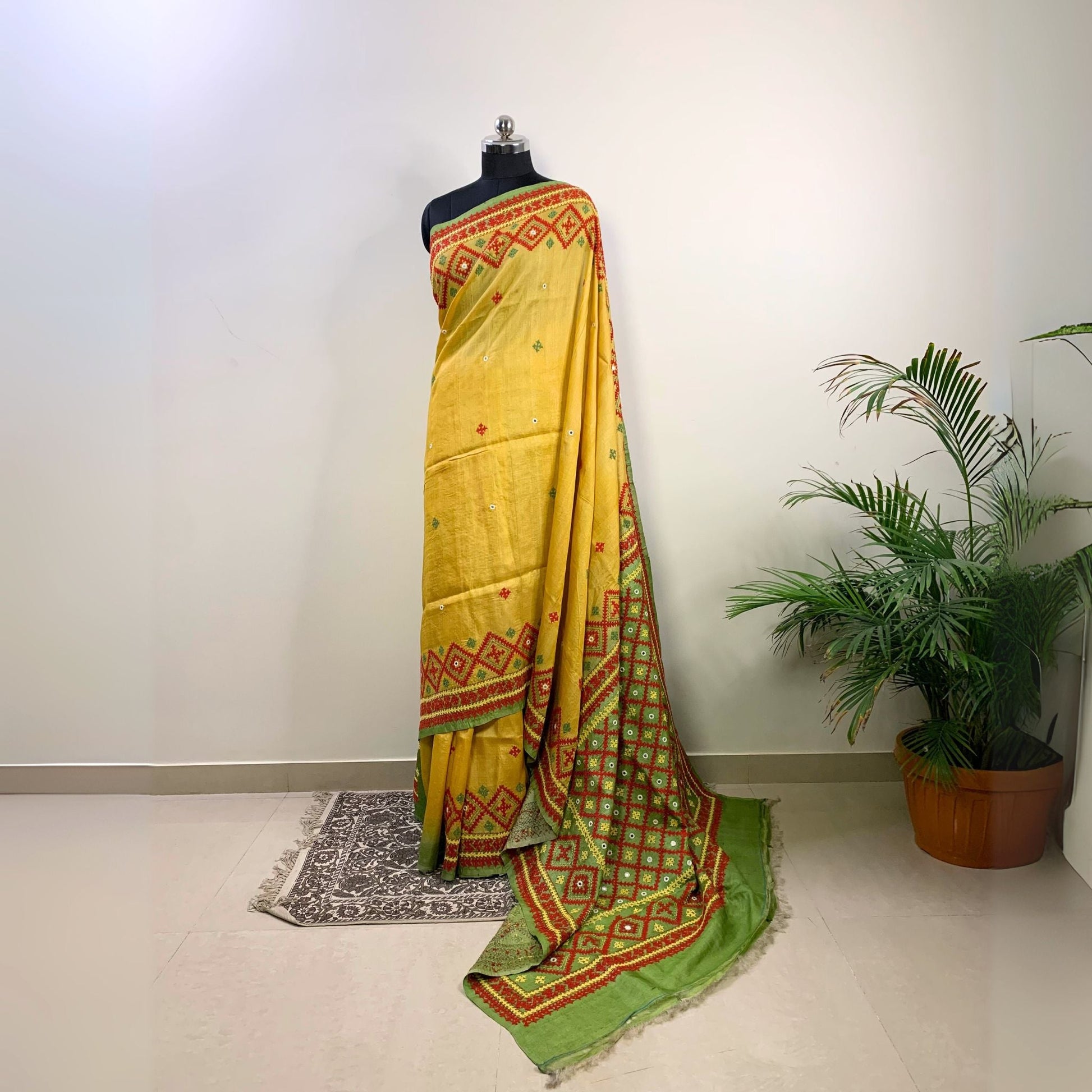 Yellow Tussar Silk Saree – Hand Embroidered Gujrati Stitch -Handloom Sarees- Aananda Collections